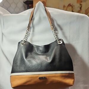 Kim Rogers Black and Tan Shoulder Bag with Chain Details